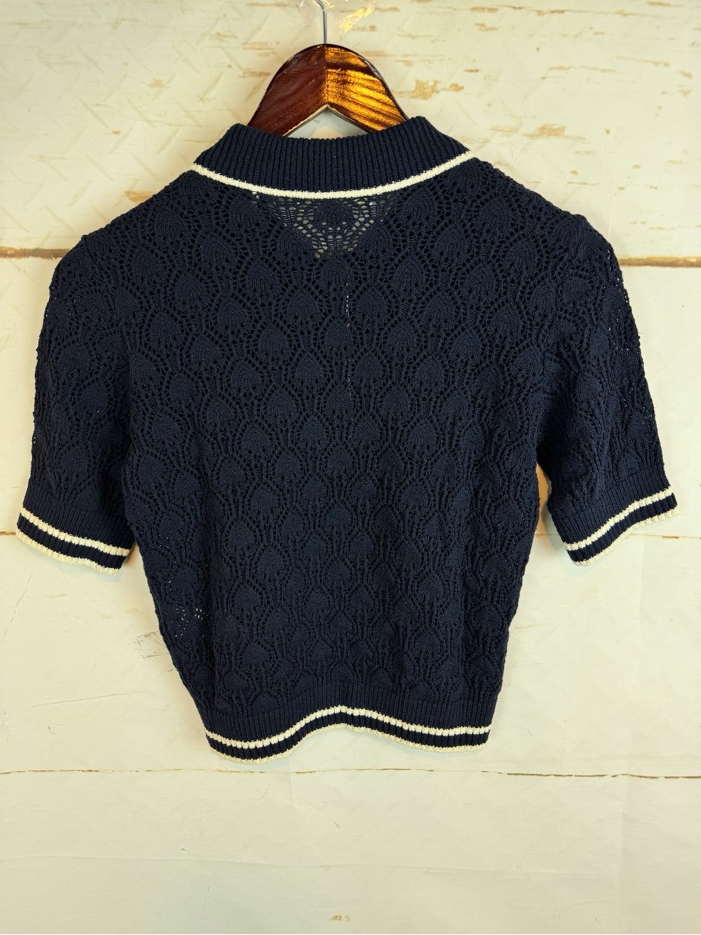 Frame | Navy and Cream Crochet Short Sleeve Knit Top, S - Picture 12 of 12